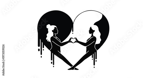 Two women connect hearts forming a yin yang symbol against a dripping black and white backdrop, representing unity and balance.