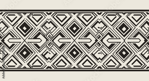 Repeating geometric pattern with sharp angles and diamond shapes in black and white