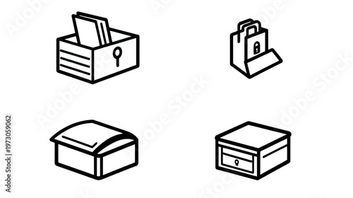 Four black and white line art icons depicting various containers