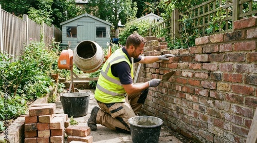 Man building brick wall outdoors.