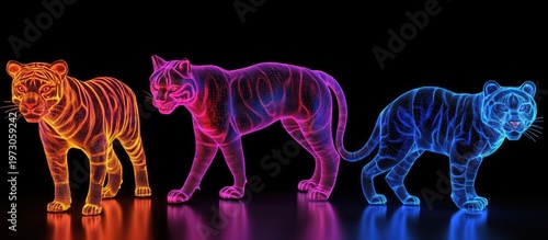 Neon Tiger Trio: Vibrant Wireframe Felines on Reflective Black Surface