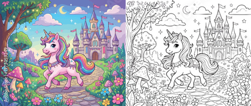 Adorable Unicorn in Enchanted Forest with Castle in Background.