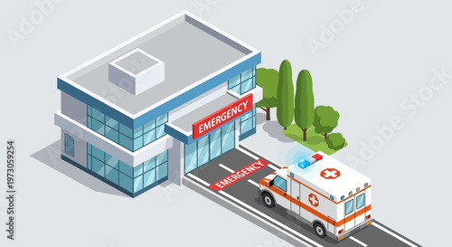 Ambulance Arriving at Modern Hospital Emergency Entrance