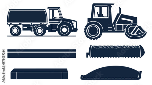 Silhouetted vehicles tanker truck, road roller, and other elements, flat designs on white