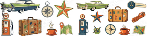Retro Travel and Adventure Icon Set with Vintage Cars, Compass, Suitcases, and Maps for Travel, Exploration, and Vacation Designs