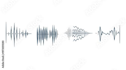 Four stylized sound wave diagrams with varying amplitudes and frequencies, rendered in teal on white