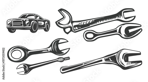 A monochrome illustration showing a car, several wrenches, and a bolt. Mechanics and repair themes
