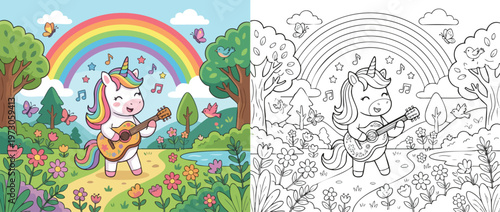 Adorable Unicorn Playing Guitar with Musical Notes and Rainbow 1.