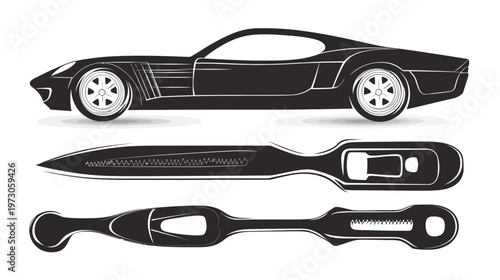 Silhouetted illustration of a sleek sports car and two black tools with saw-tooth edges