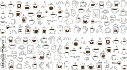 Coffee and Beverage Icon Set with Cups, Mugs, Croissants, and Brewing Tools for Food, Drink, and Café Designs