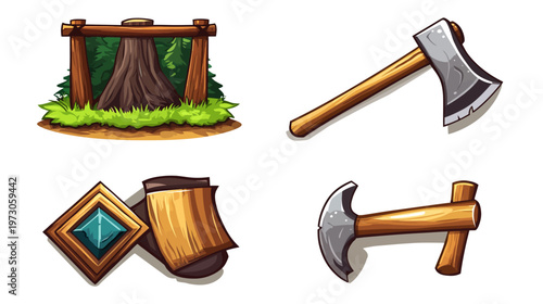 A collection of four stylized illustrations featuring forest and tools with a cartoonish design