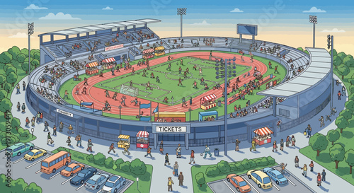 Busy stadium during event with runners on track and spectators in stands, pixel art style