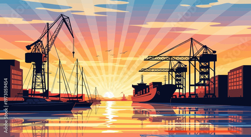 Sunrise over bustling harbor with cranes, cargo ship, and sailboats.