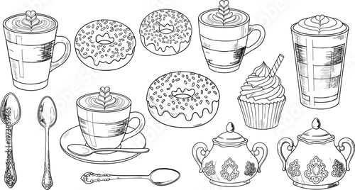 Dessert and Beverage Icon Set with Donuts, Coffee Cups, Spoons, and Cupcakes for Bakery, Café, and Food Designs
