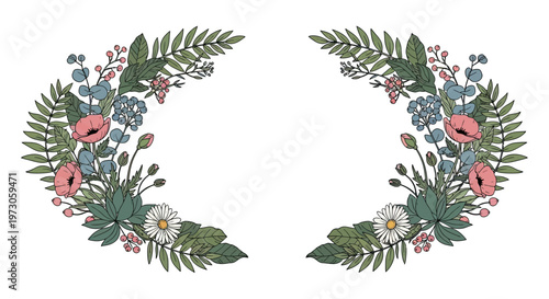 Delicate floral arrangement with poppies, daisies, berries and greenery