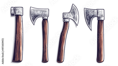 Illustration of four axes with wooden handles and different shaped axeheads, on white background