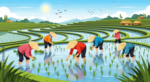 Asian Farmers Working in Lush Green Rice Paddies Under a Sunny Sky