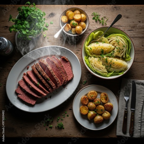 Sliced Roast Beef on White Plate with Crispy Potatoes and Cabbage Salad in Rustic Kitchen