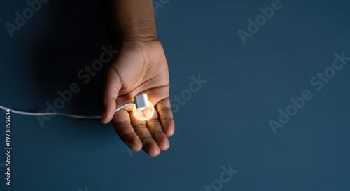 Small Hand Holding a Lit Usb-c Connector Glowing with Orange Light