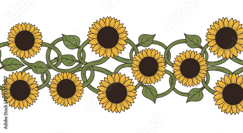 A decorative border of sunflowers with interwoven green vines forming circular patterns