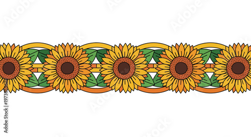 Decorative border of stylized sunflowers with leaves and abstract orange and yellow shapes