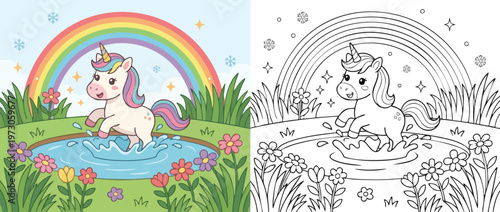 Adorable Unicorn Playing in Water with Rainbow and Flowers.