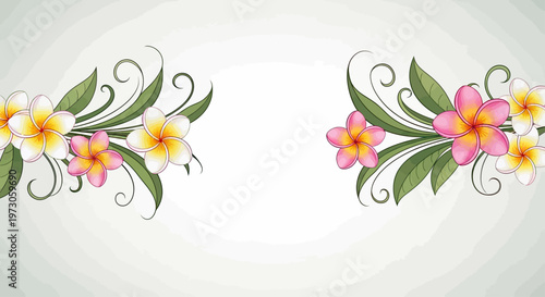 A symmetrical arrangement of tropical flowers and swirling green leaves on a light background
