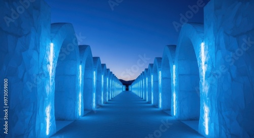 Blue Illuminated Ice Arch Corridor at Dusk