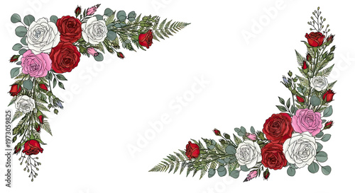 Floral corner arrangements with red, pink, and white roses, ferns, and eucalyptus