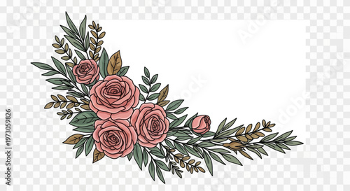 Pink roses and greenery arranged in a floral corner border