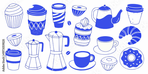Blue line art illustration of various coffee and pastry items