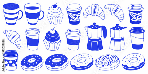 Collection of blue line art depicting coffee pastries and sweet treats