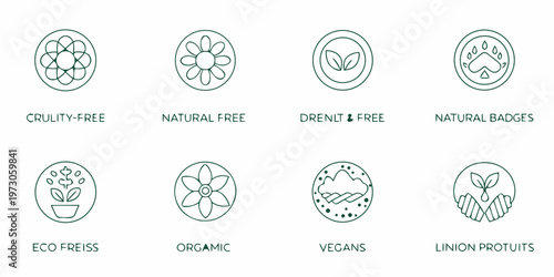 Collection of green line art icons representing natural and ethical labels