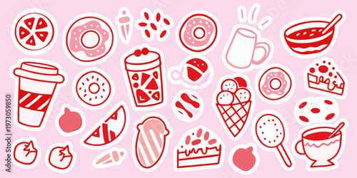 Collection of red and white illustrated desserts and food items