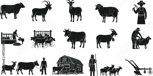 Farm Animals and Livestock Icon Set with Cattle, Goats, Sheep, and Farming Activities for Agricultural, Rural, and Animal Husbandry Designs