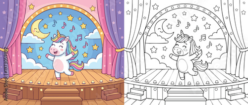 Adorable Unicorn Singing on Stage with Musical Notes and Stars.