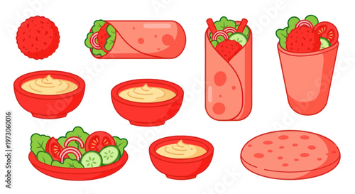 Healthy Wraps and Salad Ingredients, Flat Design Food Illustration