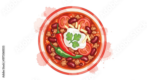 Hearty Chili Con Carne Bowl with Fresh Toppings, Top View Illustration
