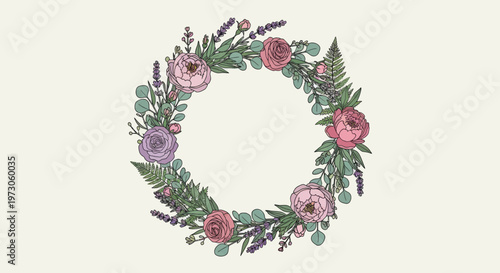 Elegant floral wreath with roses, lavender, eucalyptus, and ferns on a cream background