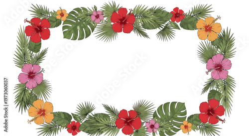 Rectangular border of tropical foliage with vibrant hibiscus flowers