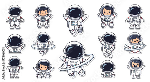 Illustrations celebrating International Day of Human Space Flight feature cute cartoon astronauts in white suits floating against a clean background, some with stylized Saturn rings