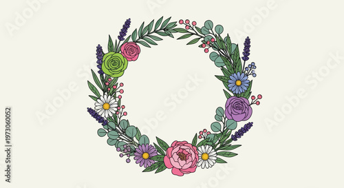 Delicate floral wreath with diverse flowers, leaves, berries, and lavender sprigs