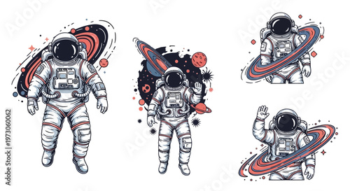 Illustrations celebrating the International Day of Human Space Flight feature an astronaut in a spacesuit near planets and galaxies, rendered in a vector style with detailed linework