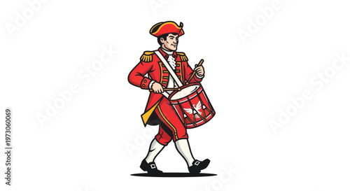 Revolutionary War Drummer Boy Marching with Drum and Drumsticks