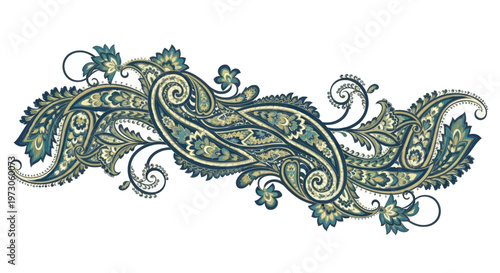 Elaborate floral paisley pattern with teal, beige, and dark blue accents