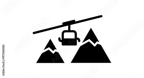 Ski lift icon with snow-capped mountains, winter mountain transport, travel and recreation symbol
