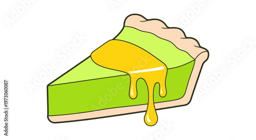 Slice of lime pie with dripping glaze on white background, cartoon style
