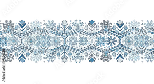 Blue and white snowflake and geometric pattern border, abstract and textured