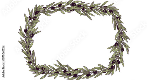 Olive branch border with dark fruits and green leaves