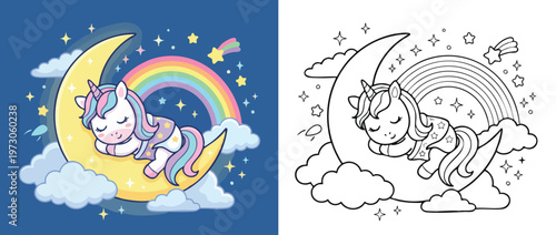 Adorable unicorn sleeping peacefully on crescent moon with rainbow and stars.